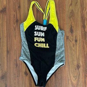 Big Chill gray and yellow surf sun fun chill one piece swimsuit bathing suit gir